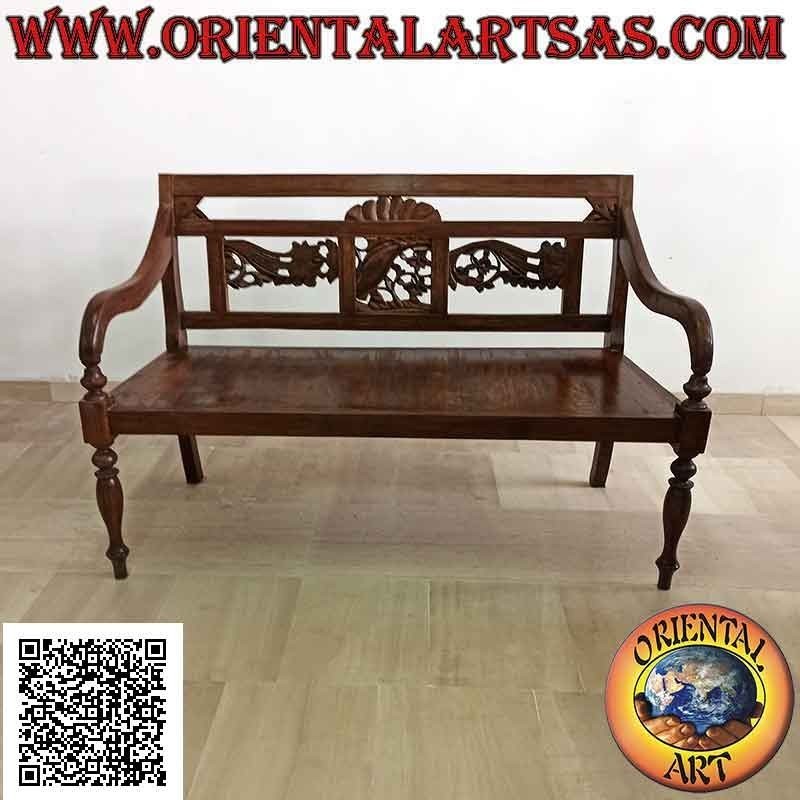 Banco de dos plazas con decoración floral en paneles tallados a mano en madera de teca antigua