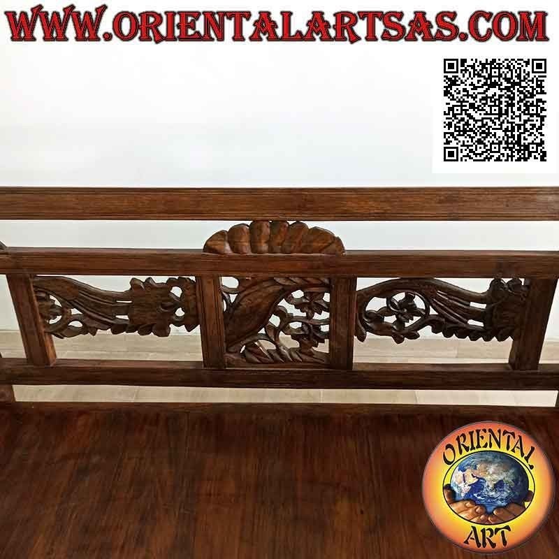 Two-seater bench with floral decoration in hand-carved panels in antique teak wood
