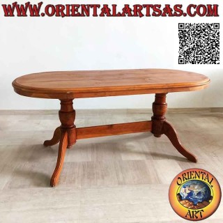 Tavolo ovale su due gambe a tre piedi in stile imperiale congiunti in legno antico di teak (90 x 180 cm)