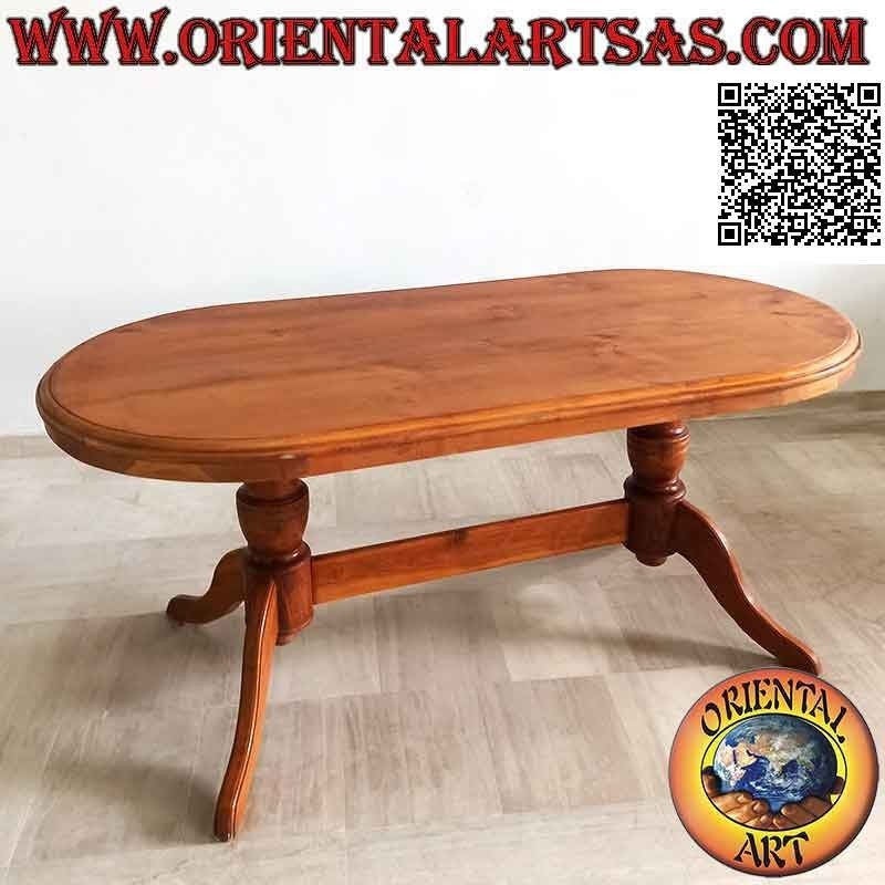 Mesa ovalada sobre dos patas de estilo imperial de tres patas unidas en madera de teca antigua (90 x 180 cm)
