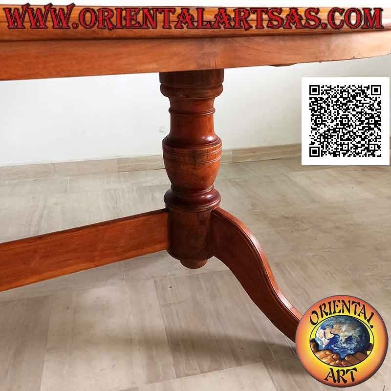 Table ovale sur deux pieds de style impérial à trois pieds réunis en bois de teck antique (90 x 180 cm)