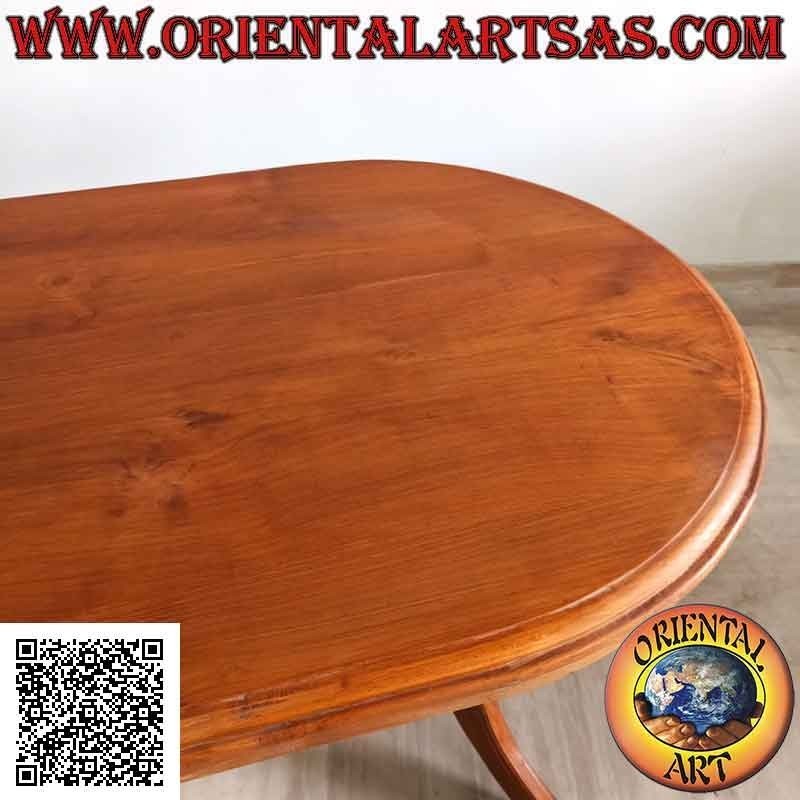 Table ovale sur deux pieds de style impérial à trois pieds réunis en bois de teck antique (90 x 180 cm)