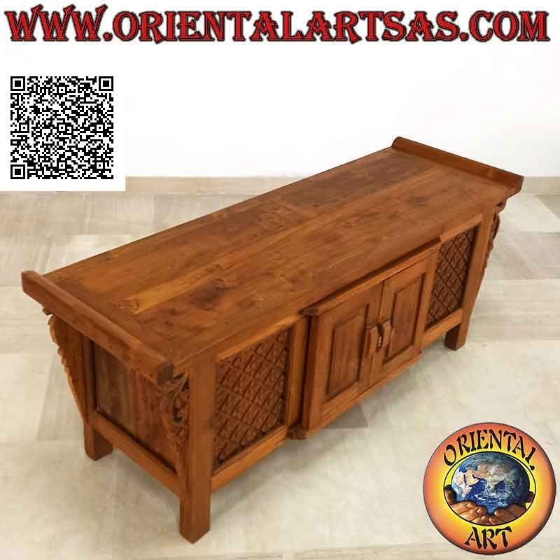 Buffet Java ancien avec loquets et charnières en bois et panneaux avec fleurs sculptées en bois de teck