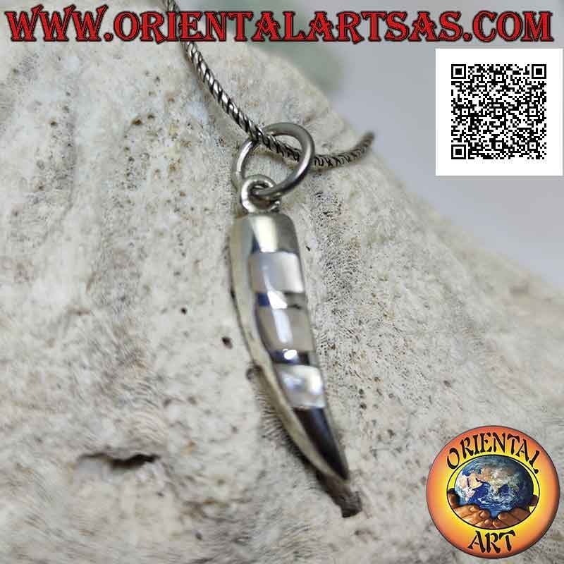 Silver pendant, smooth lucky horn with three mother-of-pearl inserts