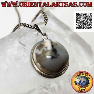 Colgante de plata con ágata musgo redondo cabujón rodeado de tejido (2)