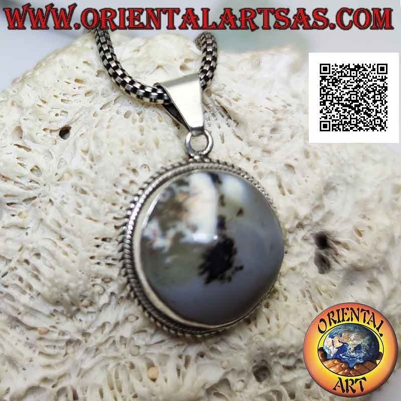 Silver pendant with cabochon round moss agate surrounded by weaving (2)