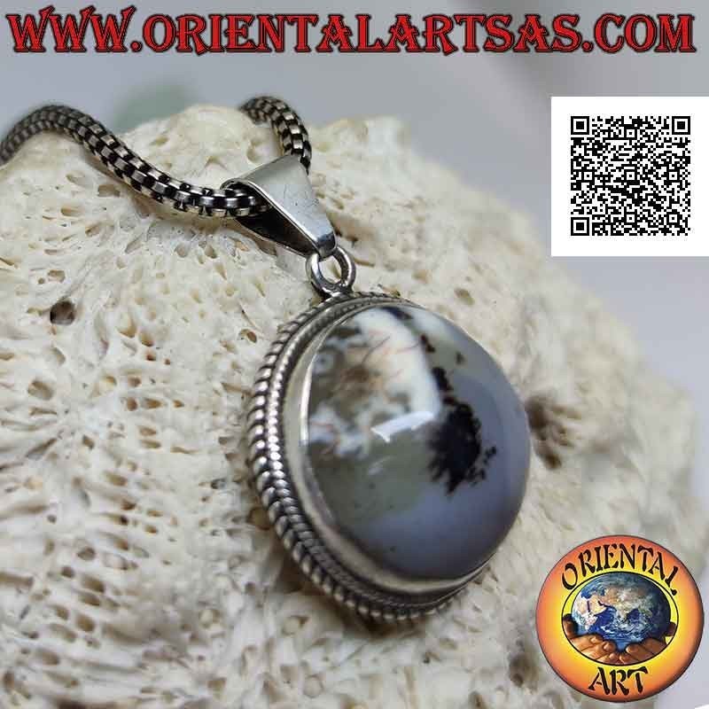 Silver pendant with cabochon round moss agate surrounded by weaving (2)