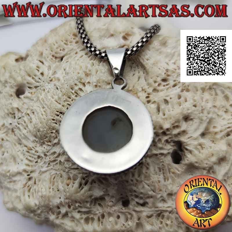 Silver pendant with cabochon round moss agate surrounded by weaving (2)