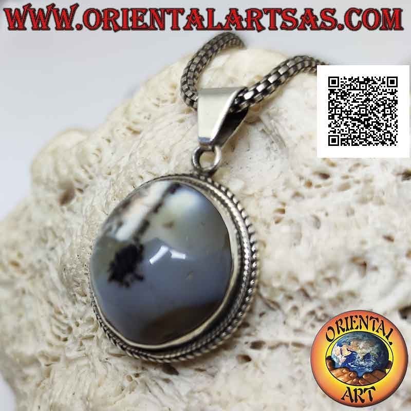 Pendentif en argent avec cabochon rond agate mousse entouré de tissage (2)