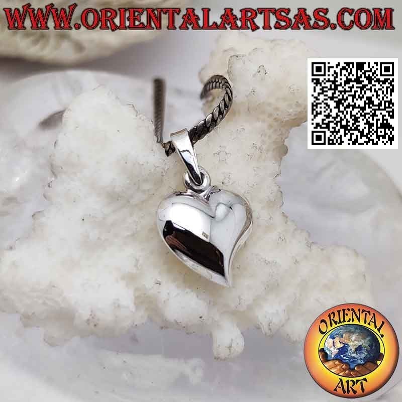 Silver pendant, three-dimensional smooth heart with elongated tip