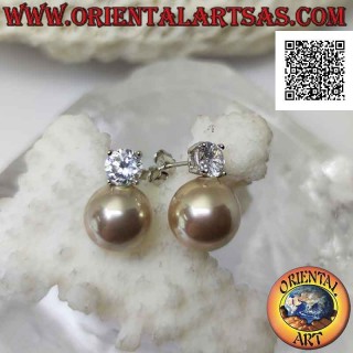 Pendientes lóbulos de plata con perla marfil y circonita redonda blanca engastada