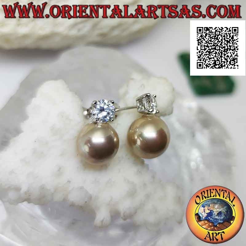 Boucles d'oreilles lobe en argent avec perle ivoire et zircons ronds blancs