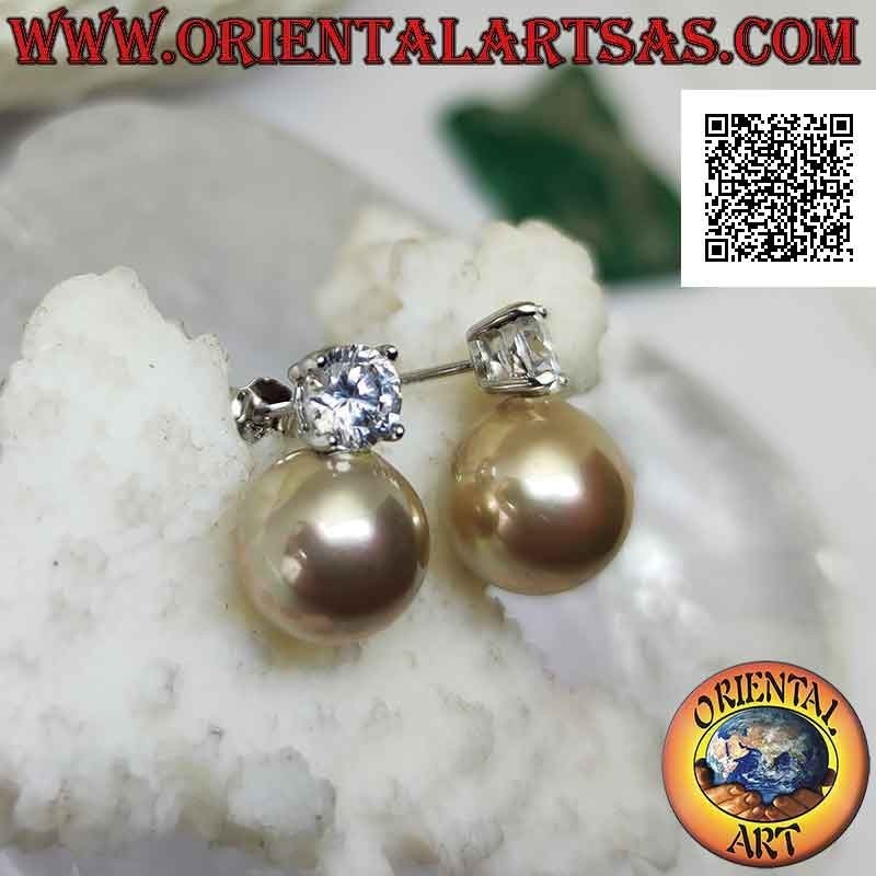 Silberne Lobe-Ohrringe mit Elfenbeinperle und weißem rundem Zirkonia Set