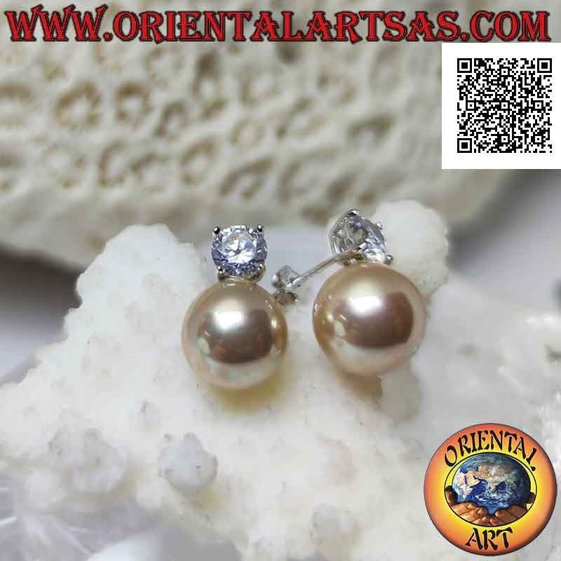 Pendientes lóbulos de plata con perla marfil y circonita redonda blanca engastada