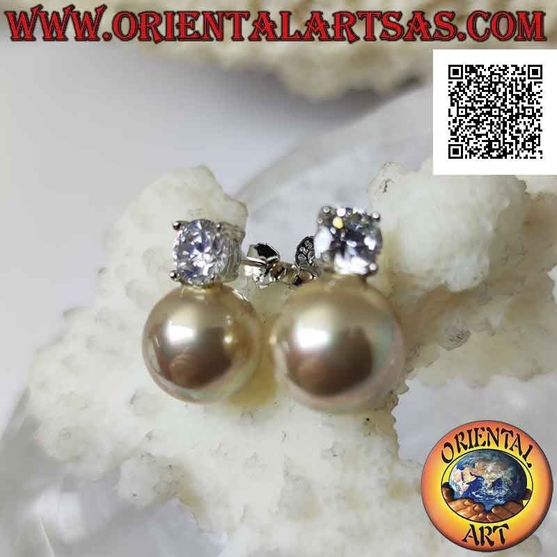 Silver lobe earrings with ivory pearl and white round zircon set