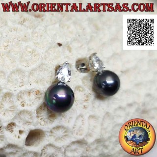 Pendientes lóbulos de plata con perla gris y conjunto de circonitas en forma de lágrima blanca