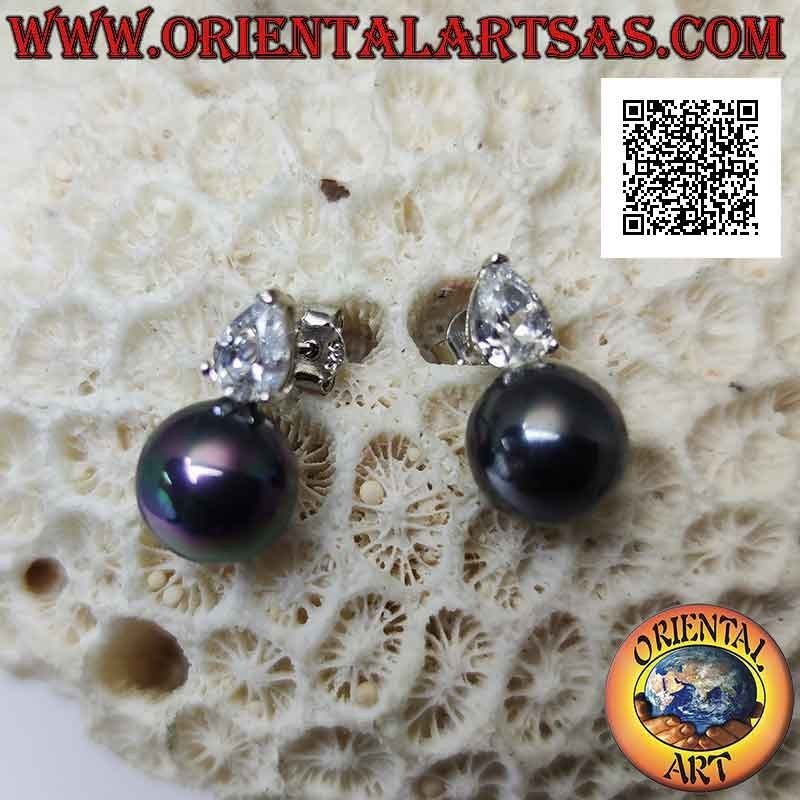 Pendientes lóbulos de plata con perla gris y conjunto de circonitas en forma de lágrima blanca