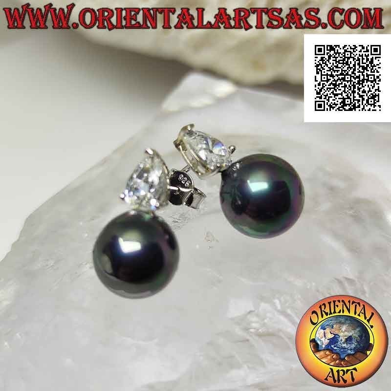 Silver lobe earrings with gray pearl and white teardrop zircon set