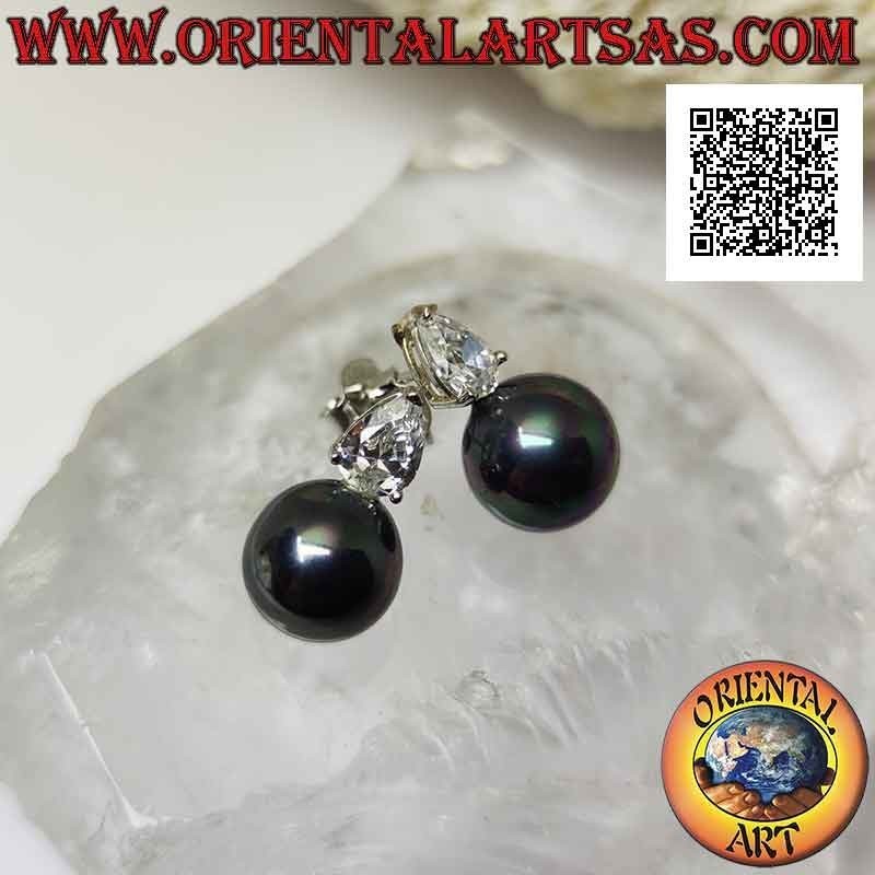 Silberne Lobe-Ohrringe mit grauer Perle und weißem Tropfen-Zirkon-Set