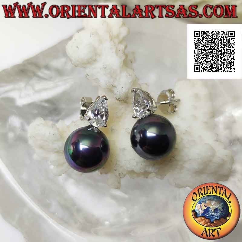 Silberne Lobe-Ohrringe mit grauer Perle und weißem Tropfen-Zirkon-Set