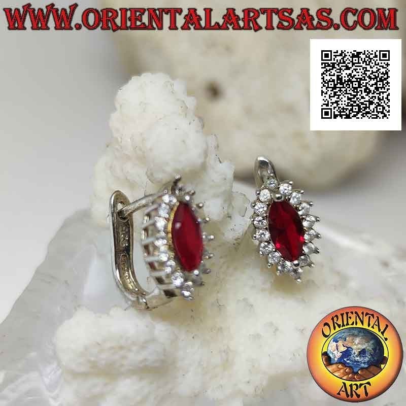 Boucles d'oreilles levier en argent avec rubis navette synthétique entouré de zircons blancs