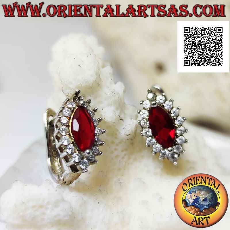 Boucles d'oreilles levier en argent avec rubis navette synthétique entouré de zircons blancs
