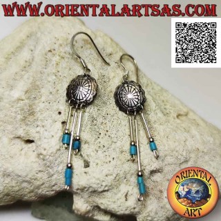 Silver leverback earrings with chiseled shield and trio of silver sticks with stones