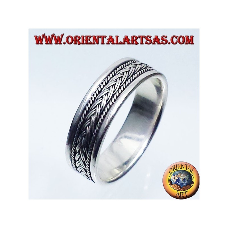 anello in argento a fedina, treccia intagliata 