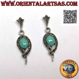 Silver earrings with oval turquoise surrounded by a teardrop-shaped marcasite band