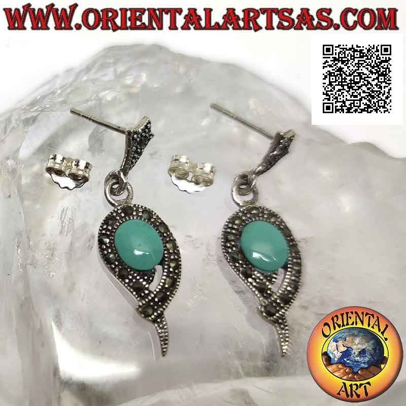 Boucles d'oreilles en argent avec turquoise ovale entourée d'une bande de marcassite en forme de larme
