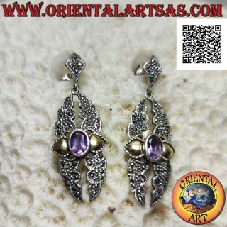 Silver earrings, broken plate studded with marcasite, natural oval amethyst and gold leaf