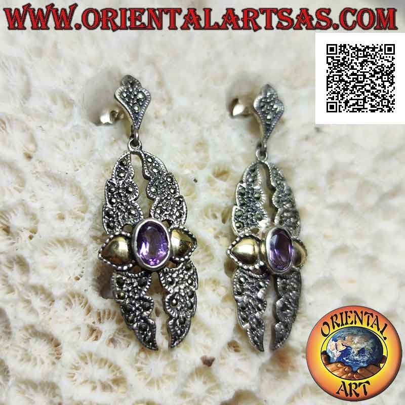 Boucles d'oreilles en argent, plaque brisée parsemée de marcassite, améthyste ovale naturelle et feuille d'or