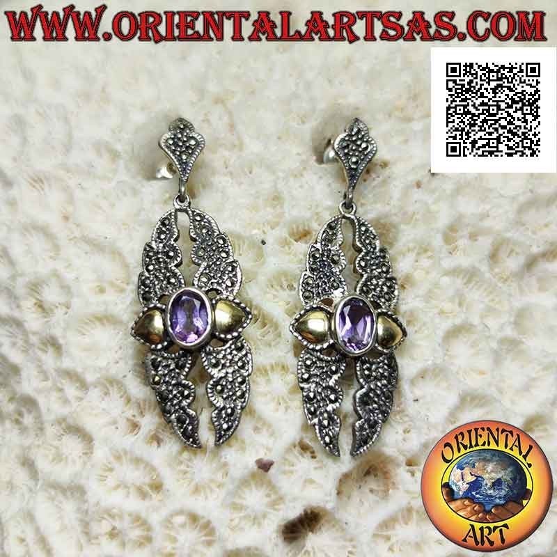 Pendientes de plata, placa rota tachonada de marcasita, amatista ovalada natural y pan de oro