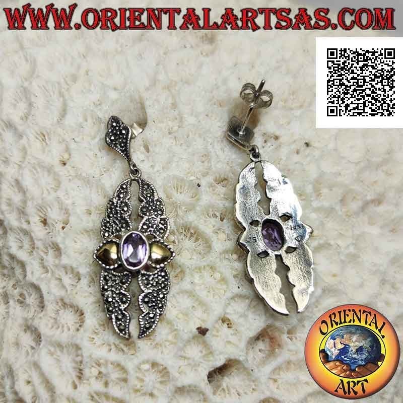 Orecchini in argento, piastra spezzata tempestata di marcasite, ametista naturale ovale e foglie d'oro