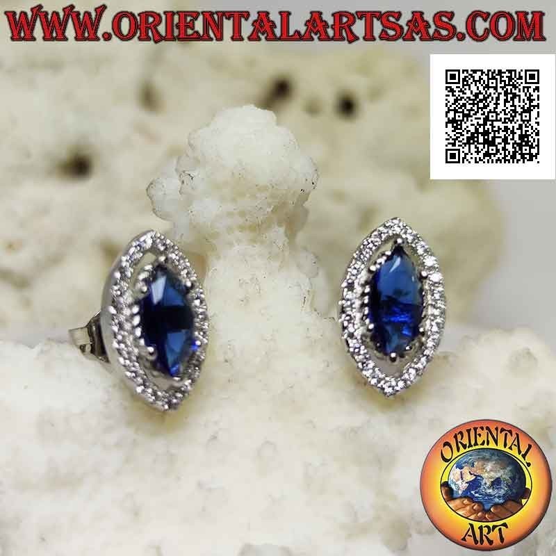 Silver earrings with synthetic shuttle sapphire set surrounded by white zircons