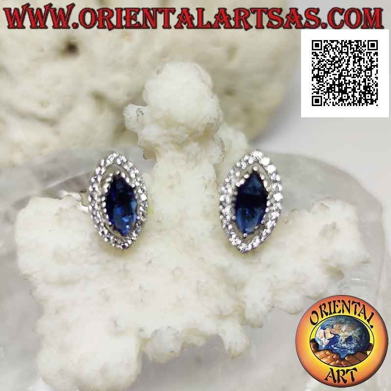 Silver earrings with synthetic shuttle sapphire set surrounded by white zircons