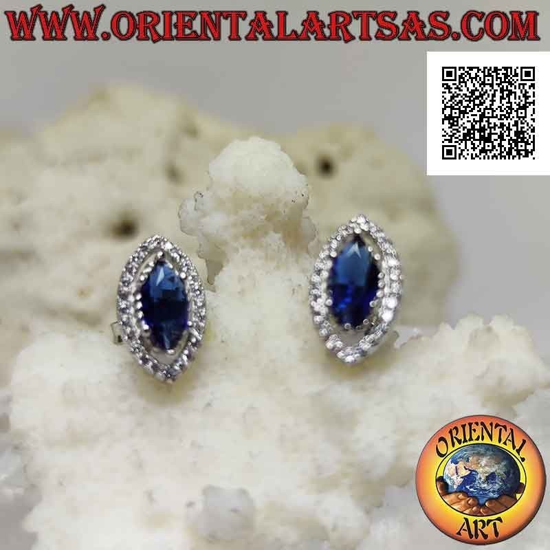 Boucles d'oreilles en argent avec saphir navette synthétique serti de zircons blancs