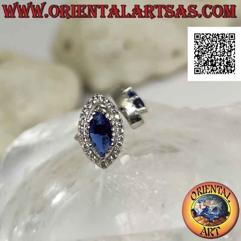 Boucles d'oreilles en argent avec saphir navette synthétique serti de zircons blancs