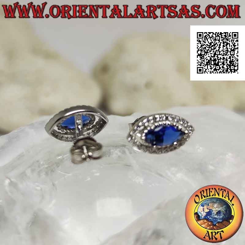 Boucles d'oreilles en argent avec saphir navette synthétique serti de zircons blancs