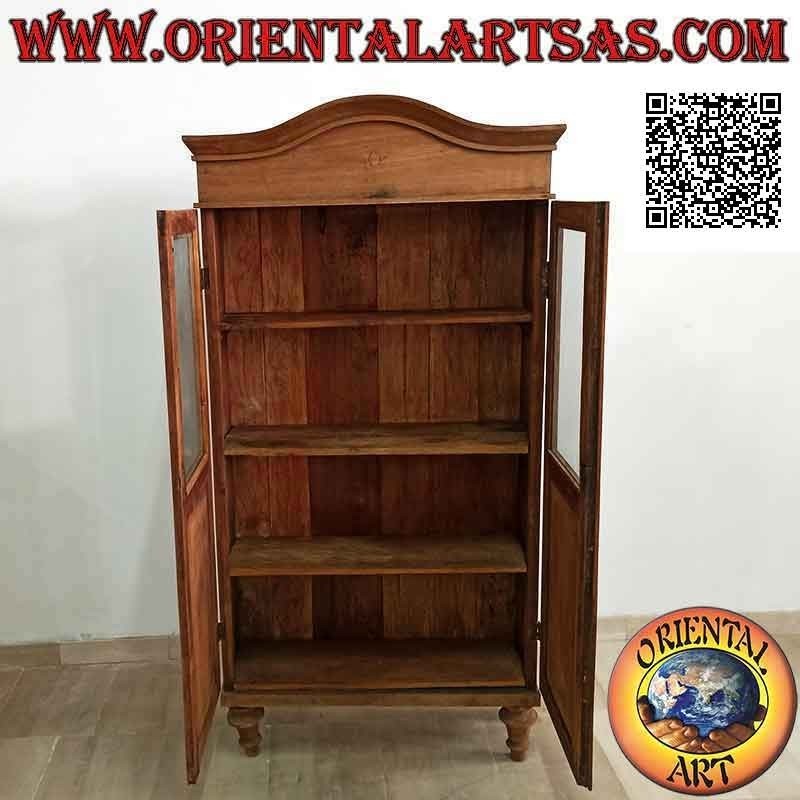 Vetrina antica a due ante semplice con cappello curvo in legno antico di teak