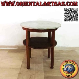 Mesa lineal redonda con tapa de mármol y balda inferior, en madera de teca antigua (70 cm Ø)
