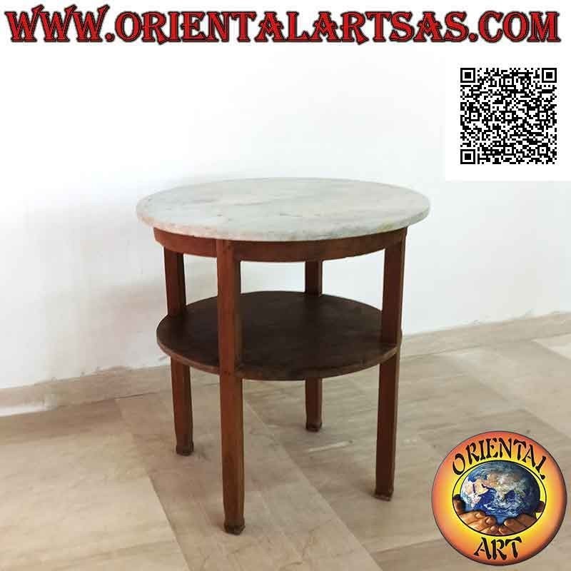 Mesa lineal redonda con tapa de mármol y balda inferior, en madera de teca antigua (70 cm Ø)