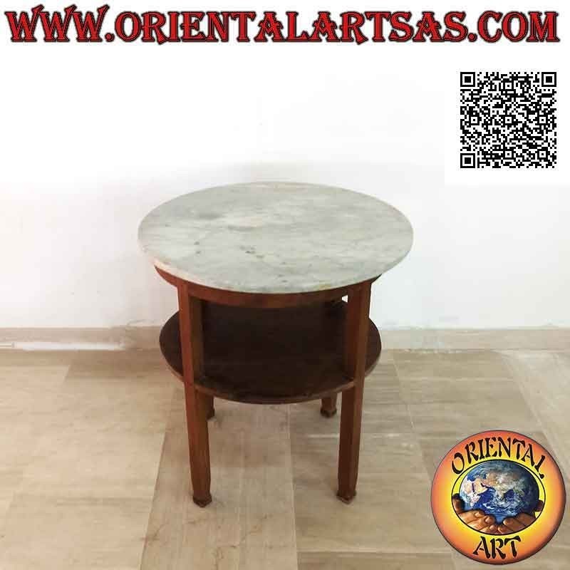 Table linéaire ronde avec plateau en marbre et étagère en dessous, en bois de teck antique (70 cm Ø)