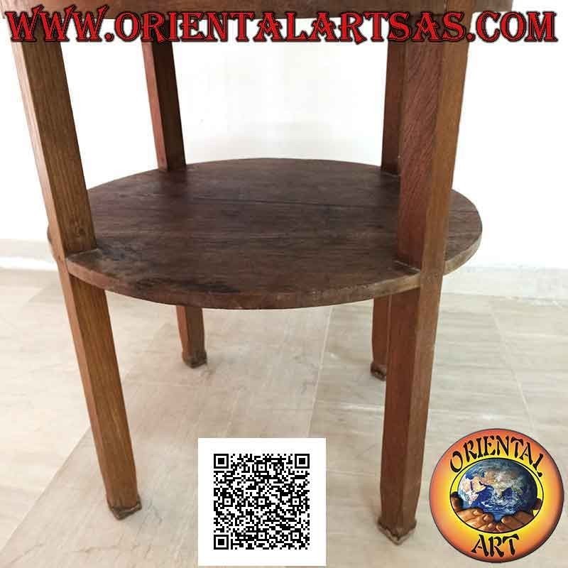 Round linear table with marble top and shelf underneath, in antique teak wood (70 cm Ø)