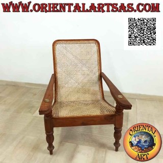 Sillón / chaise longue de estilo colonial antiguo en madera de teca y paja de Viena