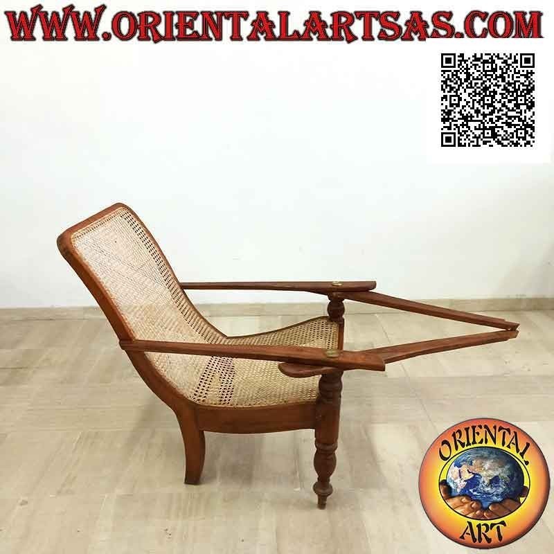 Fauteuil / méridienne antique de style colonial en bois de teck et paille de Vienne