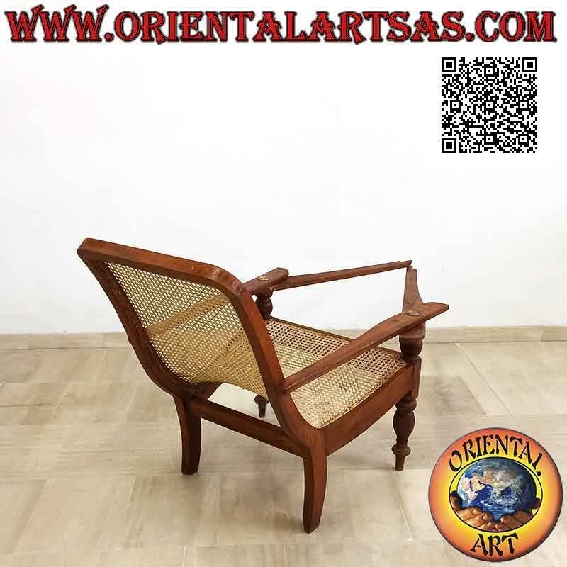 Antique colonial style armchair / chaise longue in teak wood and Vienna straw