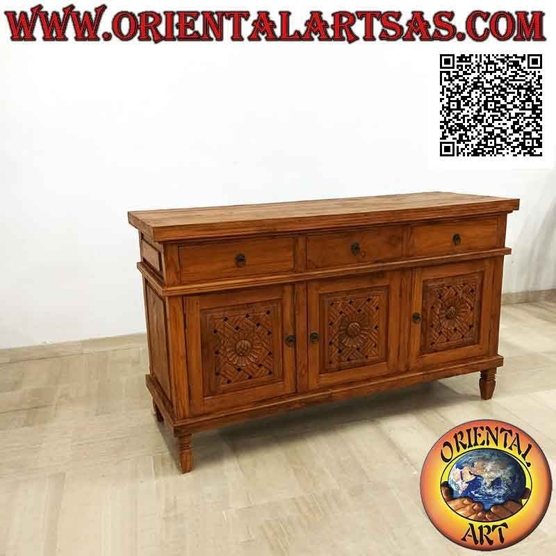 Buffet with 3 doors and 3 drawers with hand-carved floral decorations in teak wood