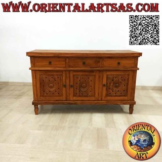 Buffet with 3 doors and 3 drawers with hand-carved floral decorations in teak wood