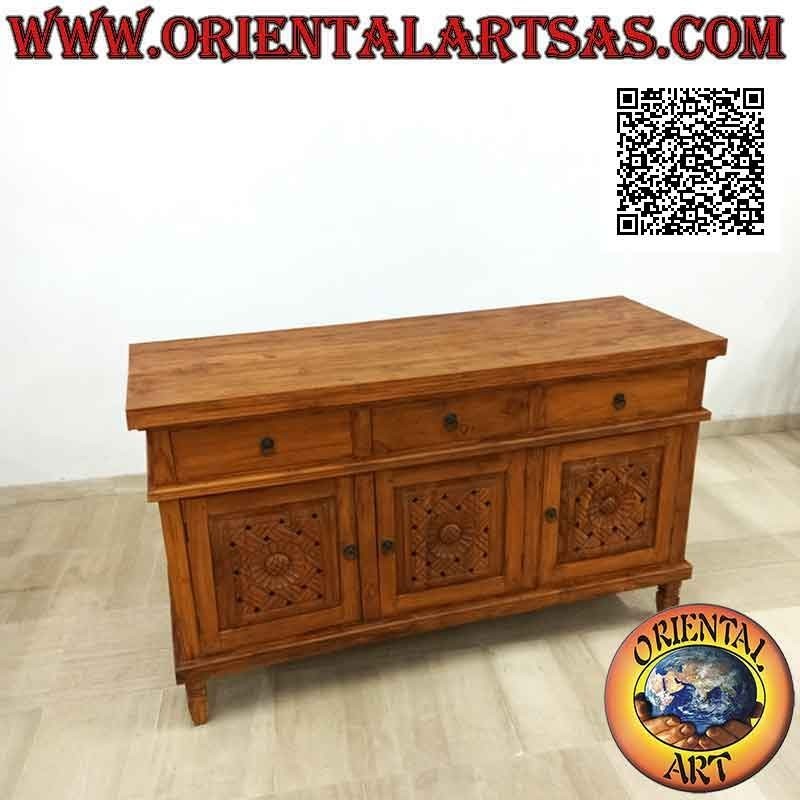 Buffet de 3 puertas y 3 cajones con adornos florales tallados a mano en madera de teca